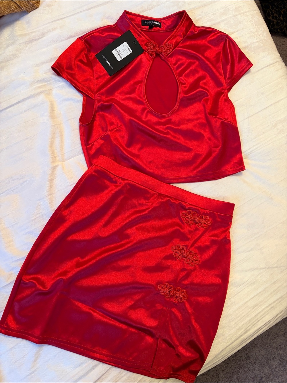 Fashion Nova Red Satin Mini Skirt with Decorative Knot Accents